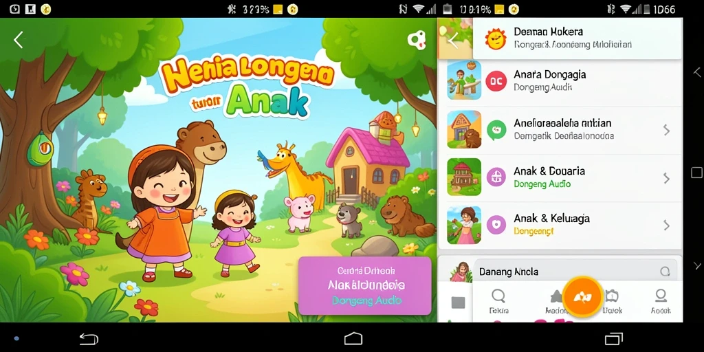 Antarmuka pengguna ID66 yang ceria dan interaktif untuk mendengarkan dongeng.